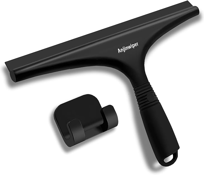 Anjinwiper All-Purpose Shower Squeegee for Glass Doors with Hook, Silicone Squeegee for Shower Glass, Shower Doors, Windows, Bathroom, Mirrors and Tiles（10 inch, Black）