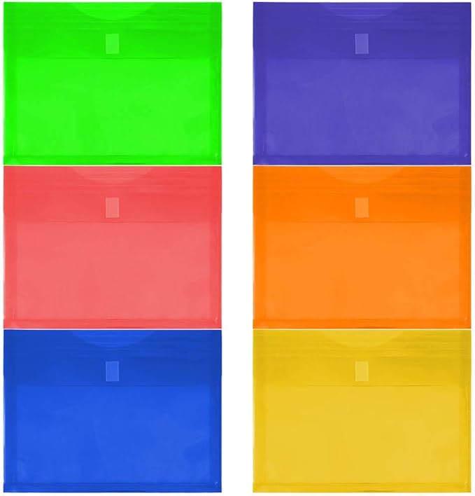 JAM PAPER Plastic Expansion Envelopes with Hook & Loop Closure - Letter Booklet - 9 3/4 x 13 with 1 Inch Expansion - Assorted Colors - 6/Pack