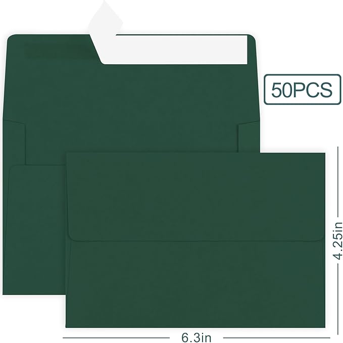 50 Pack 4x6 Printable Envelopes - Self Seal A4 Green Envelopes for Invitations, Baby Showers, Birthdays, Weddings, Postcards & Mailing