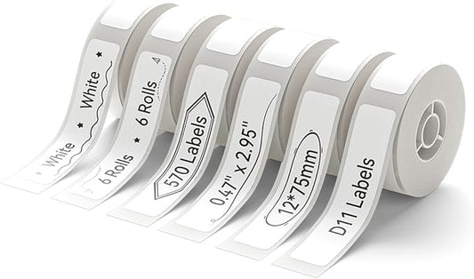 NIIMBOT D11 Label Maker Tape 6Rolls Adhesive Thermal Label Paper 0.47" X 2.95" (12 X 75mm) 95 Labels/Roll, Compatible for NIIMBOT D11 D110 Label Printer, 6-Roll White
