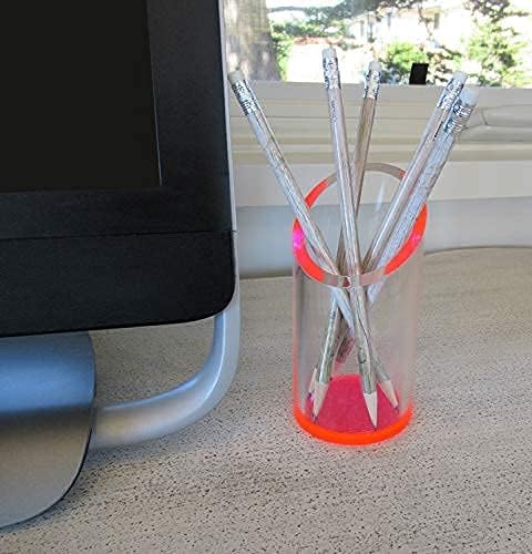 OfficeGoods Acrylic Pen & Pencil Holder - Modern Cylinder Design - Beautiful Desk Organizer for Home or Office - Contrasting Base & Rim - 5.25” H x 2.5” W - Neon Red
