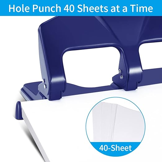 AFMAT HP15 Heavy Duty 3 Hole Punch, 40-Sheet Paper Punch, 50% Reduced Effort 3-Hole Punch, Metal Hole Puncher 3 Ring, Three-Hole Paper Puncher w/Large Chip Tray for Classroom, Office, Blue