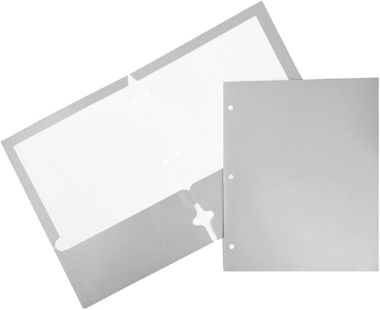 JAM PAPER Laminated Two Pocket Glossy 3 Hole Punch School Folders - Letter Size - High Gloss Silver - Bulk 50/Box