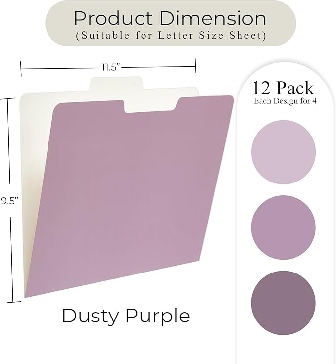 Y YOMA 12 Pack Colored File Folders Letter Size Gradient File Folder with 1/3-Cut Tab Cute Pretty Decorative Heavyweight Filing Folder File Organizers for Office School Home Desktop, Dusty Purple