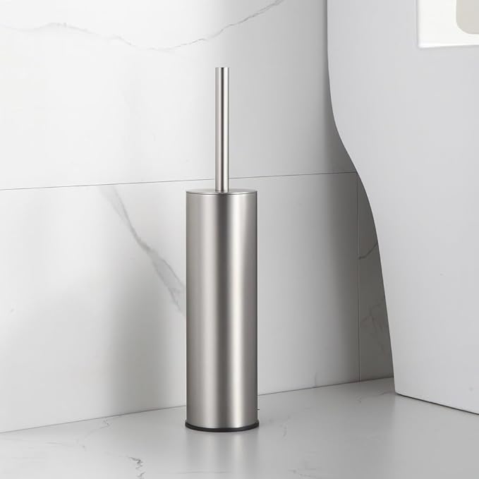 Kelirol Toilet Brush and Holder Set Brushed Nickel Stainless Steel, 304 Heavy Duty Round Toilet Brush Set – Rust Resistant, Long Handle, Replacement Heads, Floor Standing Bathroom Toilet Cleaning