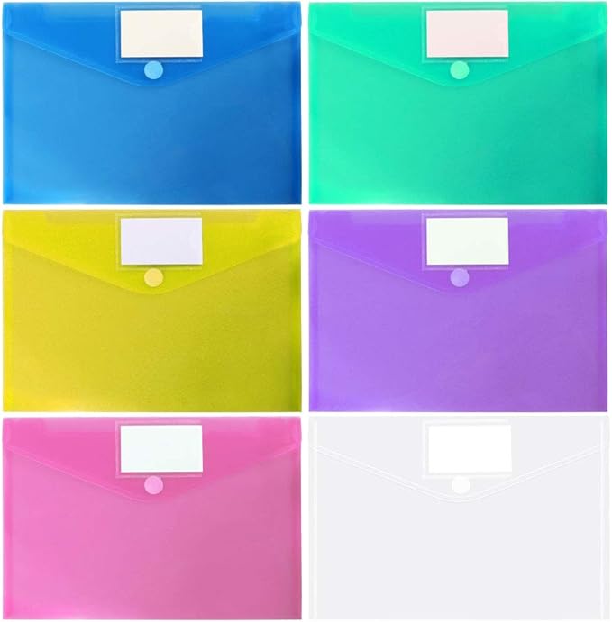 36 Pack Plastic Poly Filing Envelopes, Clear Document Folders US Letter A4 Size File Envelopes with Label Pocket & Paste Button for School Home Work Office Organization, 6 Assorted Color