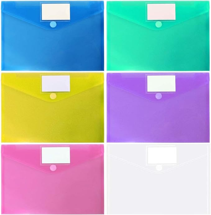 6 Pack Plastic Poly Filing Envelopes, Clear Document Folders US Letter A4 Size File Envelopes with Label Pocket & Paste Button for School Home Work Office Organization, 6 Assorted Color