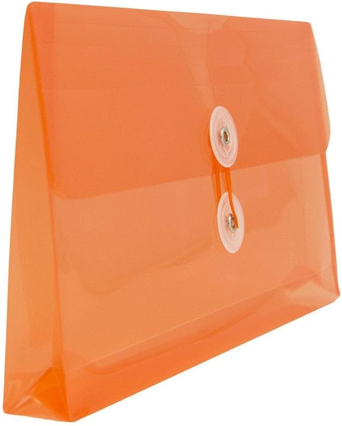 JAM PAPER Plastic Envelopes with Button & String Tie Closure - #10 Business Booklet - 5 1/4 x 10 - Orange - 12/Pack