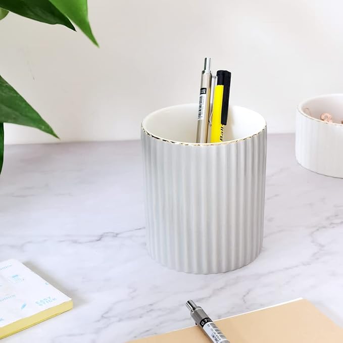 Pen Holder for Desk, Ceramic Pencil Cup Office Desk Organizer, Makeup Brush Holder, Light Gray
