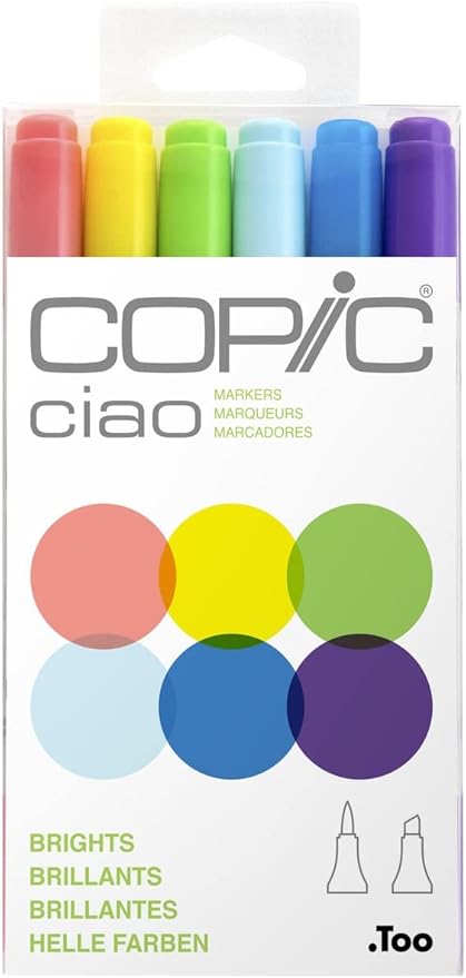 Copic Ciao, Alcohol Markers, 6 Colors Dual Brush Tip Art Marker for Adults/Teen Artists & Creators, Permanent Blendable Sketch Markers for Coloring Drawing & Illustration Art - Bright Color Set