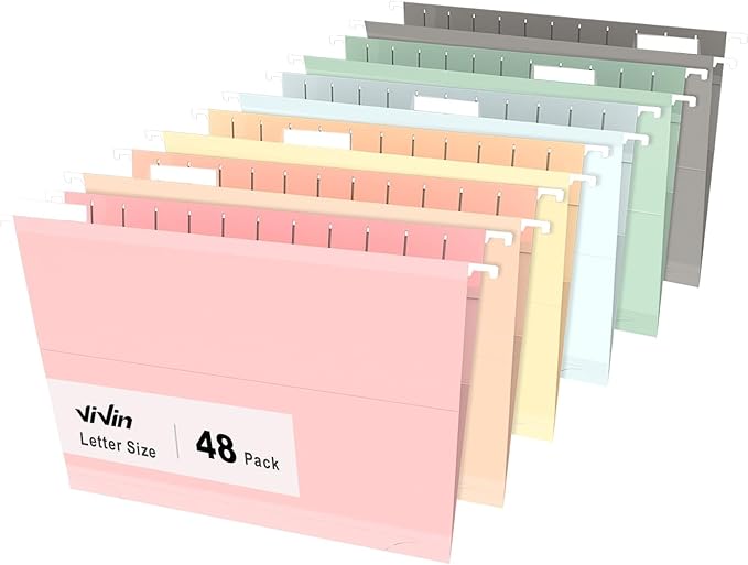 ViVin Hanging File Folders, 1/5-Cut Adjustable Tabs with 48 Per Box, 1 Inch Expansion, 48 Pack Letter Size Hanging File Folders, Designed for Office Home School Filing Cabinet(Assorted)