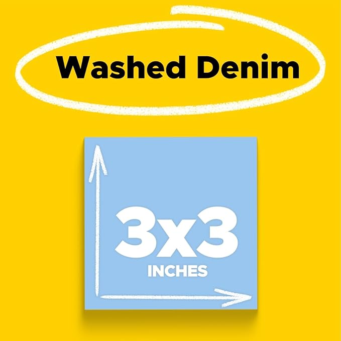 Post-it Super Sticky Notes, 5 Sticky Note Pads, 3 x 3 in., School Supplies, Office Products, Sticky Notes for Vertical Surfaces, Monitors, Walls and Windows, Washed Denim