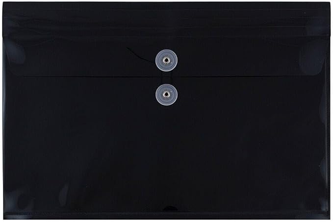 JAM PAPER Plastic Envelopes with Button & String Tie Closure - Legal Booklet - 9 3/4 x 14 1/2 - Black - 3/Pack