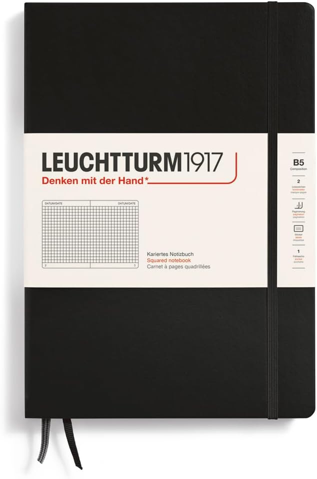 LEUCHTTURM1917 - Notebook Hardcover Composition B5-219 Numbered Pages for Writing and Journaling (Black, Squared)