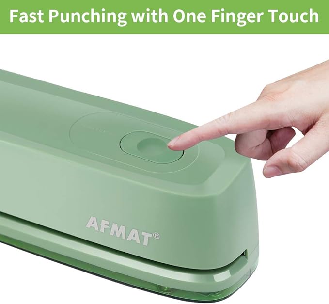 AFMAT HP10 Electric 3 Hole Punch, Three Hole Punch Heavy Duty, 20-Sheet Punch Capacity, AC or Battery Operated, Effortless Punching, Long Lasting Paper Punch for Office, School, Studio, Green