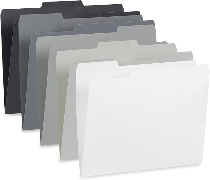 Blue Summit Supplies 100 Grayscale File Folders, Letter Size, 1/3 Cut Tab, Modern Gray, Black, and White Folder Assortment, Great for Organizing and Easy File Storage, 100 Per Box