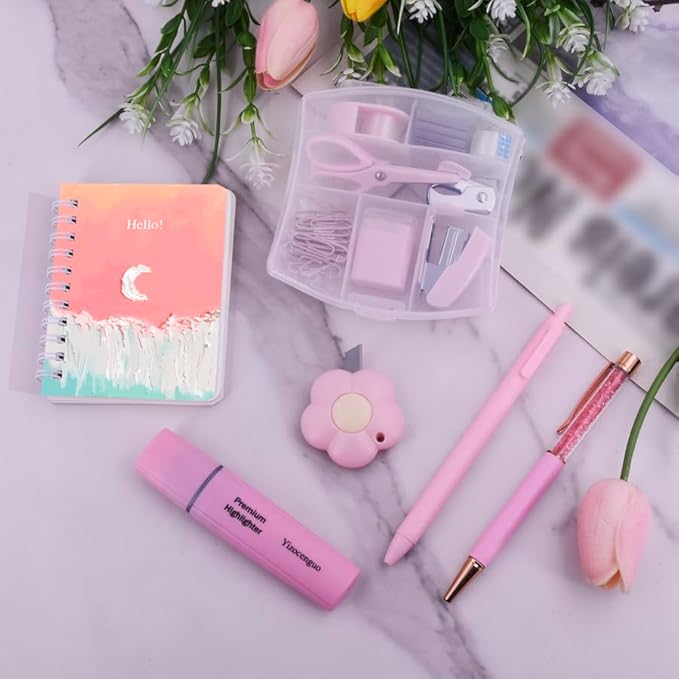 Mini Office Supply Kit Includes Stapler Tape Dispenser Staple Remover Paper Clips Scissor Notebook Highlighter Ballpoint Pen Small Telescopic for Office and School -Notebook Color Random(Pink Set)