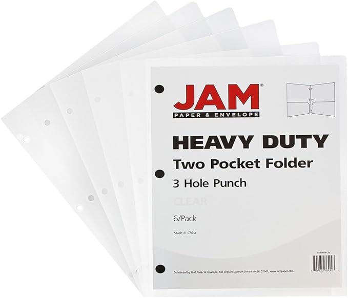 JAM PAPER Heavy Duty Plastic 3 Hole Punch Pocket Folders - Extra Tough School Folders - Clear - 6/Pack