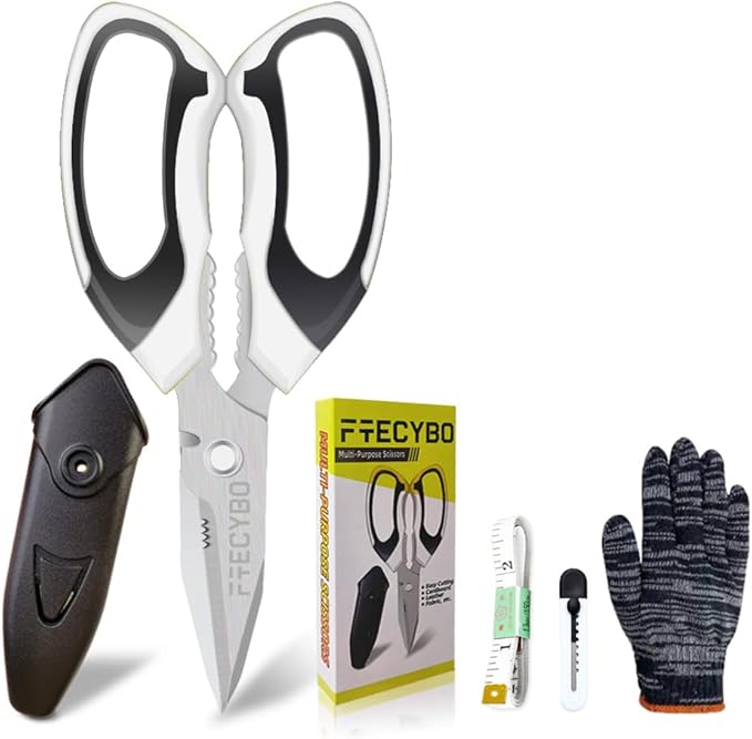 Heavy Duty 8'' Multipurpose Scissors with Protective Cover, Stainless Steel Serrated Blades, Easy Cutting Cardboard, Leather, Fabric, Wires, White