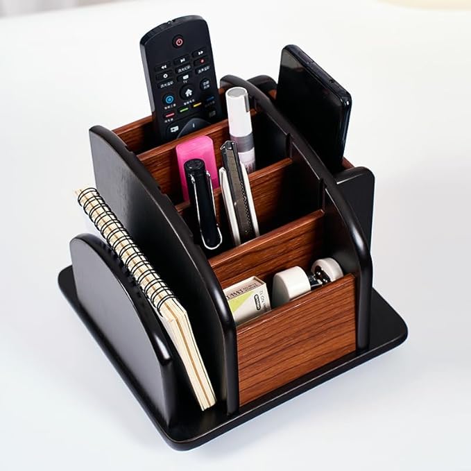 Wooden Desk Organizer with 6 Compartments, Remote Control Holder, Office Storage Caddy, Black and Brown Desk Organizer for Office Supplies
