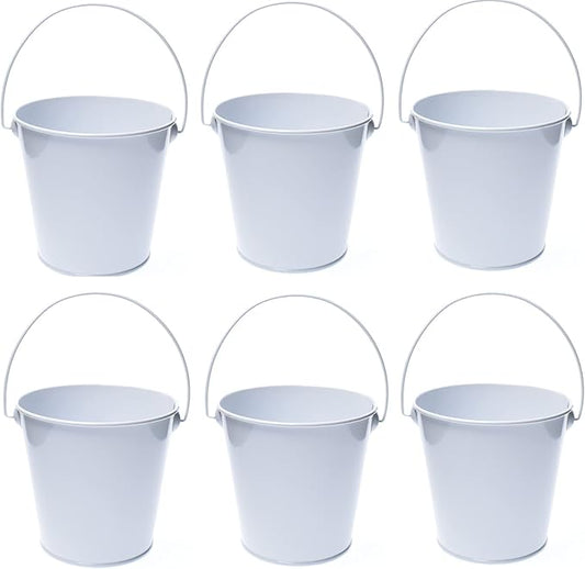 Small Metal Buckets with Handle, 6 Pack 4.3 Inch Colored Galvanized Bucket for Kids,Classroom,Crafts,and Party Favors (4.3" Top,White)