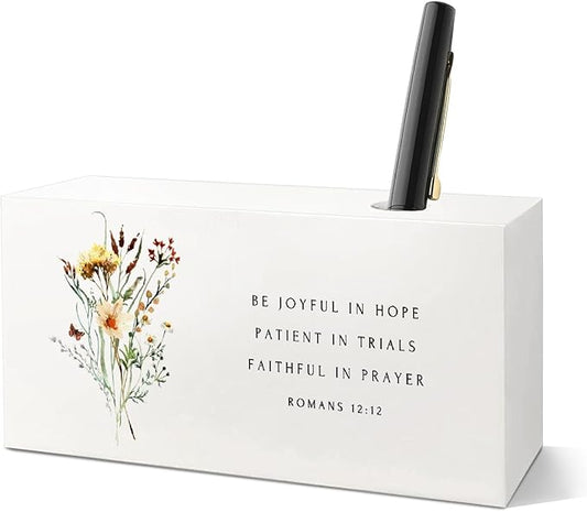 SNNDER Floral Christian Single Pen holder for Desk, Christian Religious Gifts for Women, Romans 12:12 Bible Verses Fountain Pen Holder for Home Office Desk Accessories