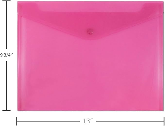 JAM PAPER Plastic Envelopes with Snap Closure - Letter Booklet - 9 3/4 x 13 - Fuchsia Pink - 12/Pack