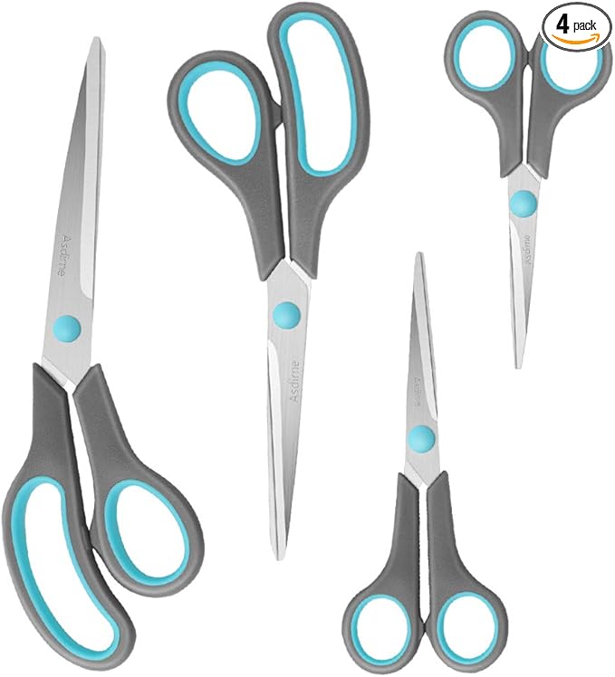 Scissors Set of 4, Premium Stainless Steel Razor Blades, Ergonomic Semi-Soft Rubber Grip, Suitable for School, Office and Family Daily Use, 9.6''/8.5''/6.4"/5.4", Blue&Gray