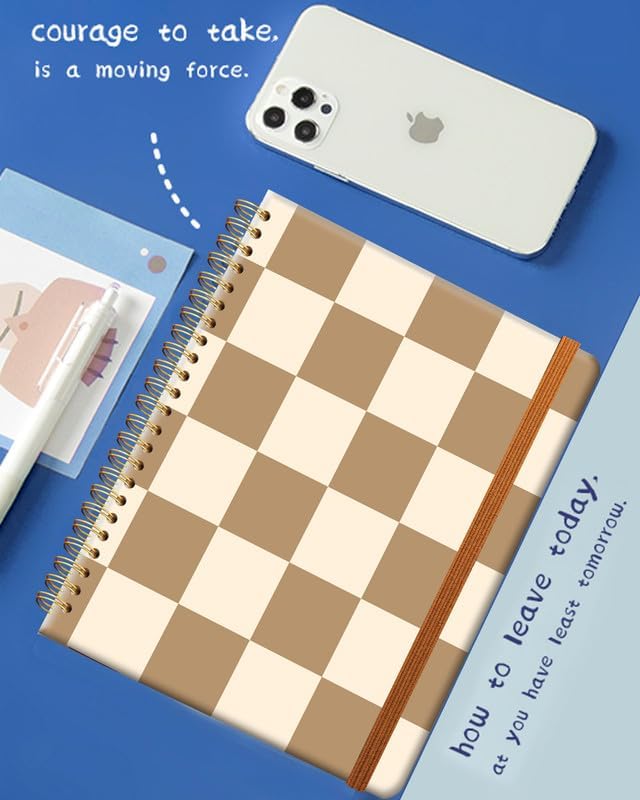 Ruled Spiral Writing Notebook,A5 Hardcover Lined College Journal for Women Lady Girl,Strong Twin-Wire Binding with Premium Paper,8.4" X 6",Perfect for School,Office,Home Gifts(Coffee Checkerboard)