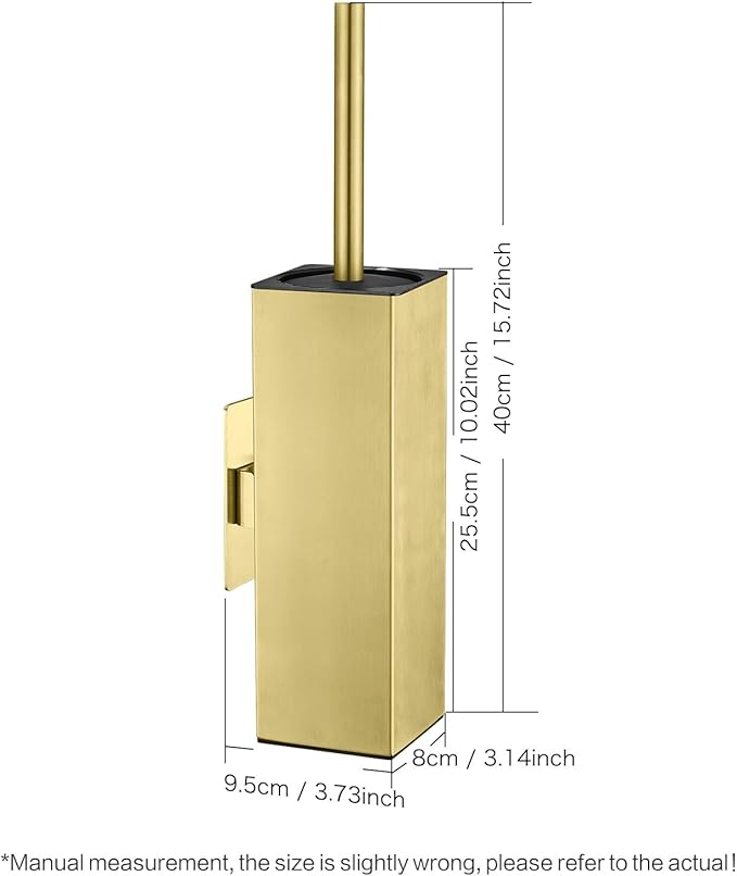 Brushed Gold Stainless Steel Toilet Brush, Square No-Punch Hook Base Toilet Brush Holder Removable Inner Bucket and Splash Proof Cover - Soft Bristles (Non-Drill Square Plastic caps Gold)