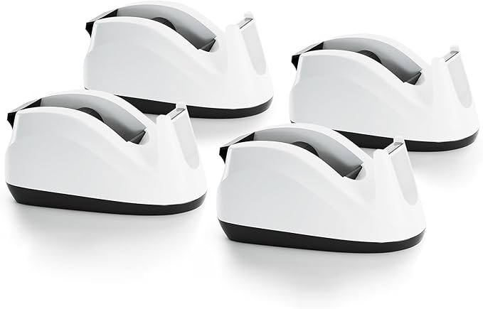 Heavy Base Nonskid Desk Tape Dispenser One-Hand Dispensing, White, 4 Pack