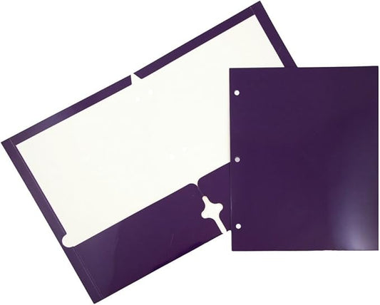 JAM PAPER Laminated Two Pocket Glossy 3 Hole Punch School Folders - Letter Size - High Gloss Purple - Bulk 50/Box