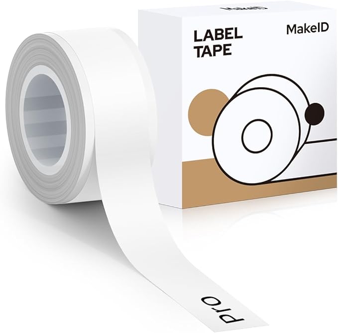 MakeID E1 Q1 Label Maker Tape Refills, 12mm x 4m (0.47" x 13') Continuous Sticker Thermal Laminated Waterproof Self-Adhesive Multipurpose Labeling Tape Replacement