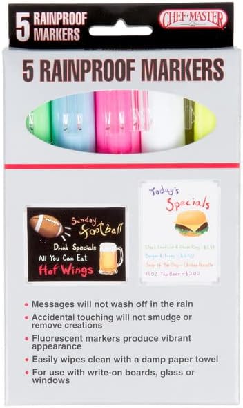 Chef-Master 90032 Waterproof Markers | 5 Different Vibrant Colors | Safe for Use on Outdoor Menu Signs | Smudge-proof & Rainproof Marker Pens | Easily Cleans with a Damp Cloth