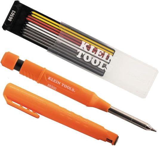 KLEIN TOOLS 80189 Skribes 2.8 mm Mechanical Carpenter Pencil with Built-In Sharpener and 10-Pack Assorted Color Leads, for Deep Hole Marking for Woodworking and Construction