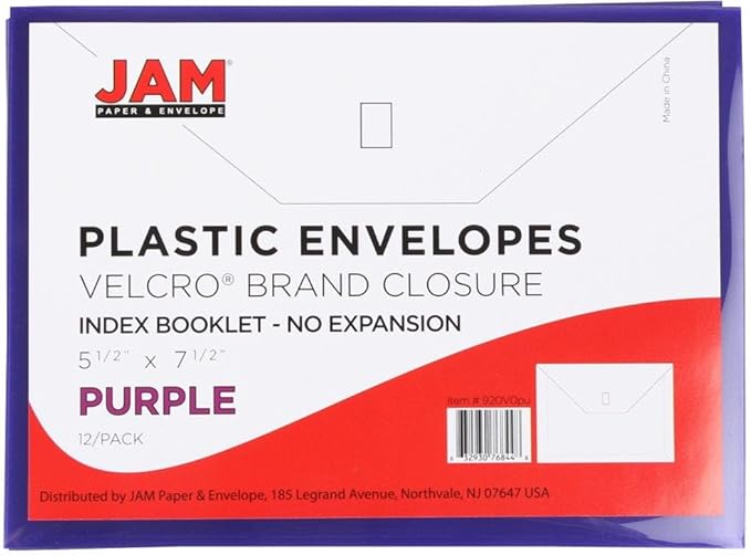 JAM PAPER Plastic Envelopes with Hook & Loop Closure - Index - 5 1/2 x 7 1/2 - Purple - 3/Pack