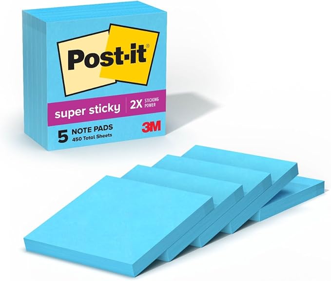 Post-it Super Sticky Notes, 5 Sticky Note Pads, 3 x 3 in., School Supplies, Office Products, Sticky Notes for Vertical Surfaces, Monitors, Walls and Windows, Blue Paradise