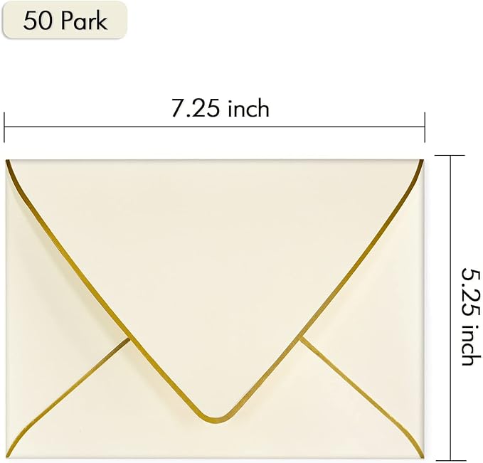 A7 Ivoy Envelopes 5 x 7 With Gold Border,- 50 Pack,For 5x7 Cards| Quick Self Seal| Perfect for Weddings, Invitations, Photos, Graduation, Baby Shower| Thick Luxury paper|5.25 x 7.25 Inches (Ivory)