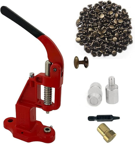 Hobby Trendy Hand Press with 1000 Sets of Iron 9mm Double Capped Rivets with Dies and Hole Punch(Red Press,Bronze Rivets)