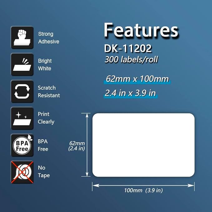BETCKEY - Compatible Shipping Labels Replacement for Brother DK-1202 (2.4 in x 3.9 in), Use with Brother QL Label Printers [10 Rolls/3000 Labels]