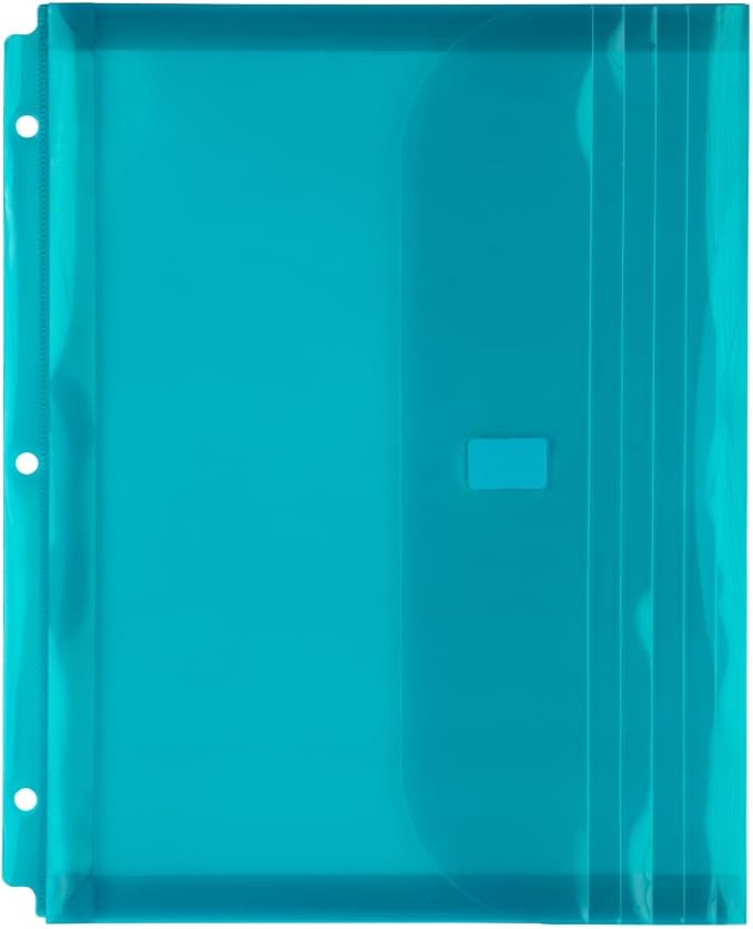 JAM PAPER Plastic 3 Hole Punch Binder Envelopes with Hook & Loop Closure - Letter Booklet - 9 1/2 x 11 1/2 with 1 Inch Expansion - Teal - 12/Pack