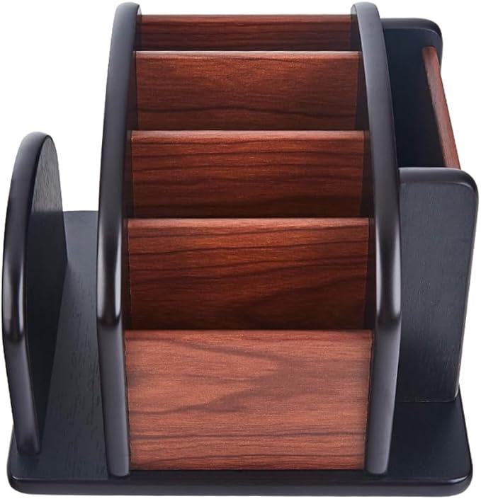 Wooden Desk Organizer with 6 Compartments, Remote Control Holder, Office Storage Caddy, Black and Brown Desk Organizer for Office Supplies