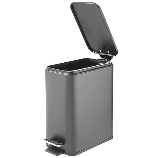 mDesign Rectangular Pedal Bin – 5 L Metal Waste Bin with Pedal, Lid and Plastic Bucket Insert – Household Rubbish Bin for Bathroom, Kitchen and Office – Dark Grey