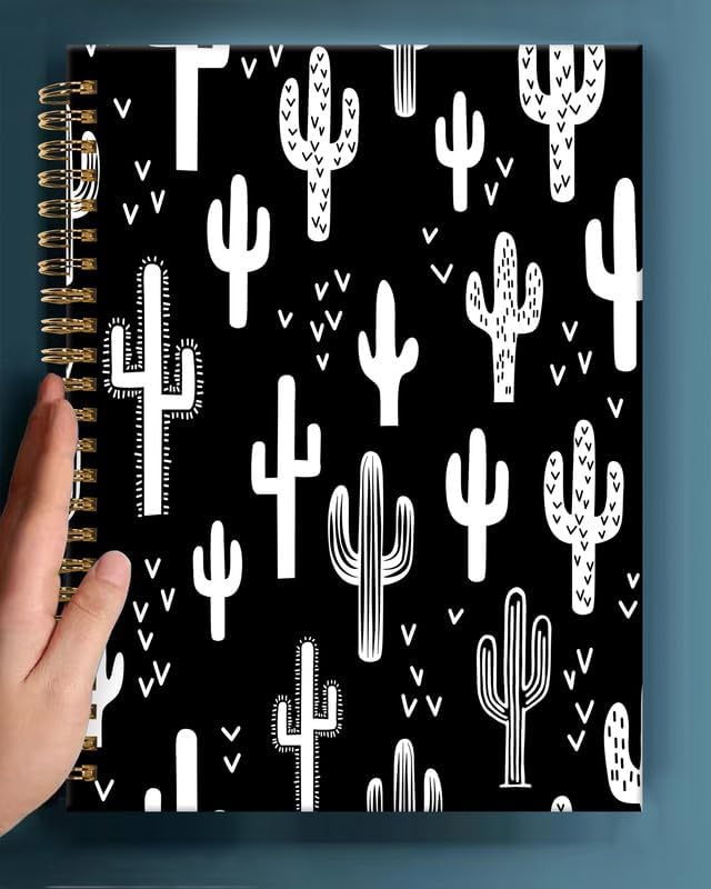Spiral Journal Notebook,A5 Hardcover Lined Journals for Women Girl 6 x 8.3 in,120 Pages Thick Paper,Cute College Ruled Writing Notebook for Gifts Office Work School(Black White Cactus Plant)