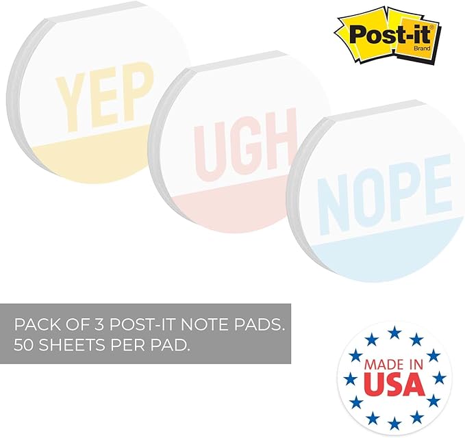 Snarky Sticky Note Pad Assortment/Set of 3 Round Flat Top Funny Planner Note Pads / 3.5" Pastel Sticky Notes / 50 Sheets Per Pad/Made in USA