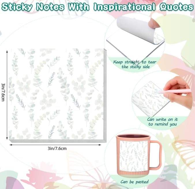 2 Pack Sticky Notes 3x3 Inches, Bright Cute Strong Sticking Power, Easy to Post for Home, Office, 80sheets/Pads, Green Leaf Watercolor