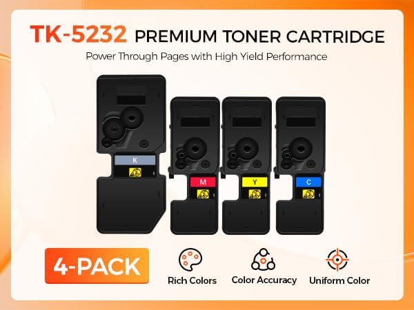 TK-5232 TK5232 Toner Cartridge 4Pack High Yield Replacement for Kyocera TK-5232K TK-5232C TK-5232M TK-5232Y Compatible with Kyocera ECOSYS M5521cdw P5021cdw P5021cdn M5521cdn Laser Printer Black Color