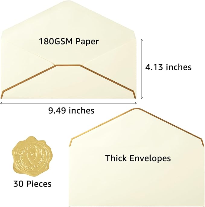 30 Pack Thick #10 Business Envelopes with Gold Border, 4 1/8 x 9 1/2 Thick Paper Standard Envelopes with Stickers for Office, Checks, Letter Mailing, Invoices (Cream Color)