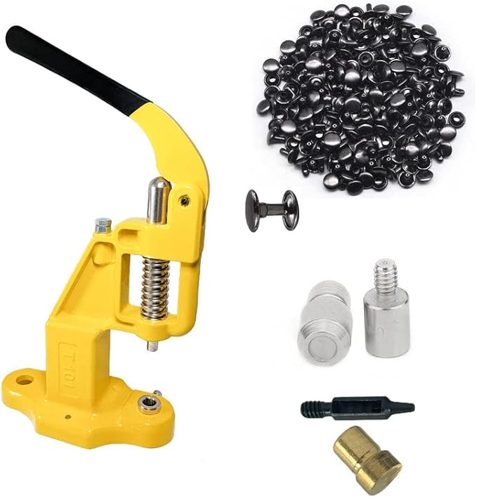 Hobby Trendy Hand Press with 1000 Sets of Iron 9mm Double Capped Rivets with Dies and Hole Punch(Yellow Press,Black Rivets)