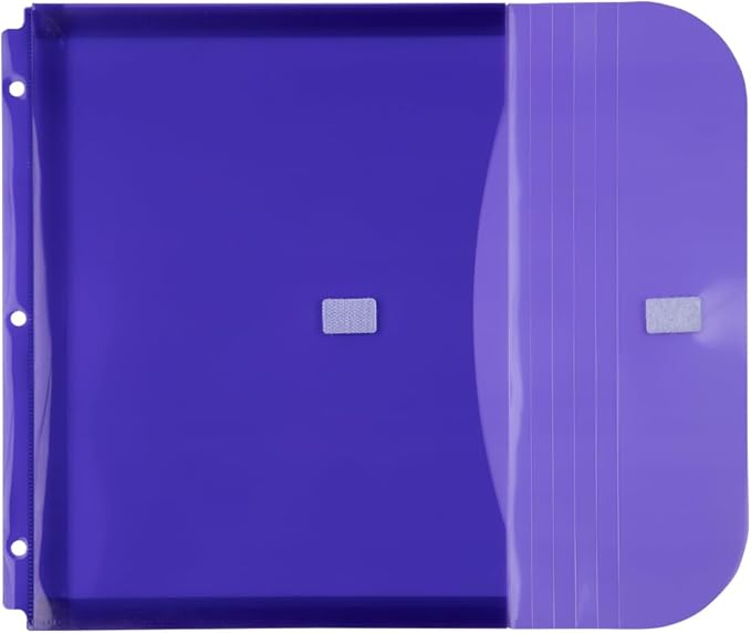 JAM PAPER Plastic 3 Hole Punch Binder Envelopes with Hook & Loop Closure - Letter Booklet - 9 1/2 x 11 1/2 with 1 Inch Expansion - Purple - 12/Pack